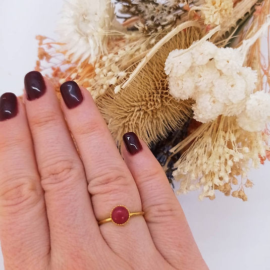 Gold plated pink agate ring