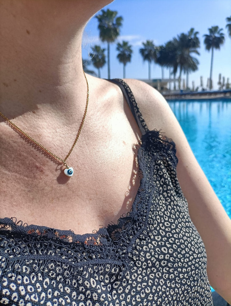 Collier plaqué or - cœur oeil protecteur bleu