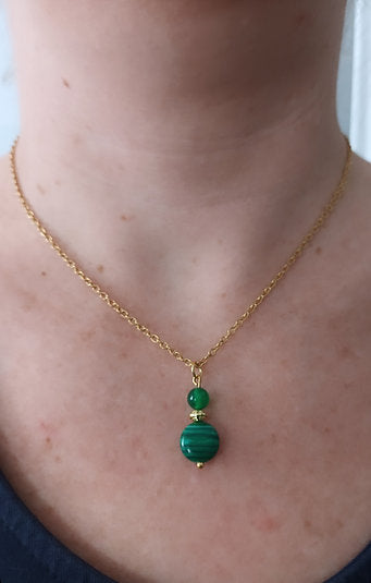 Collier plaqué or malachite et agate verte