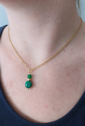 Collier plaqué or malachite et agate verte