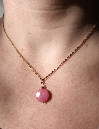 Collier plaqué or perle ronde agate rose