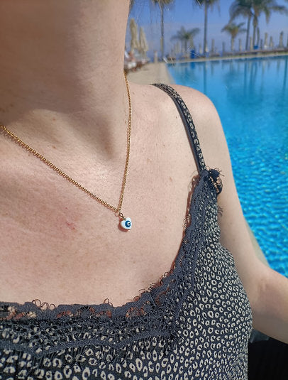 Collier plaqué or - cœur oeil protecteur bleu