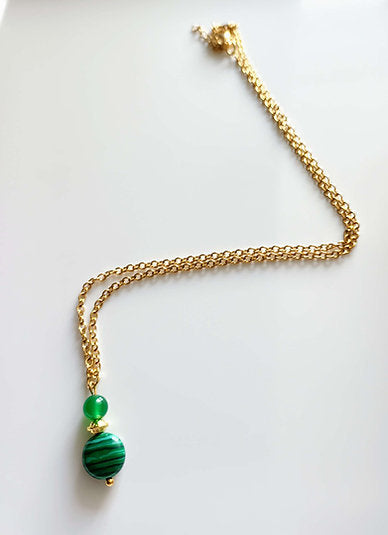 Collier plaqué or malachite et agate verte