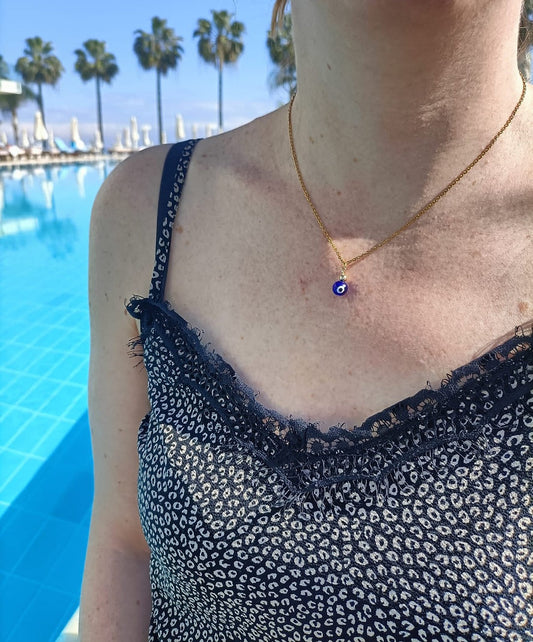 Collier plaqué or - perle bleue oeil protecteur