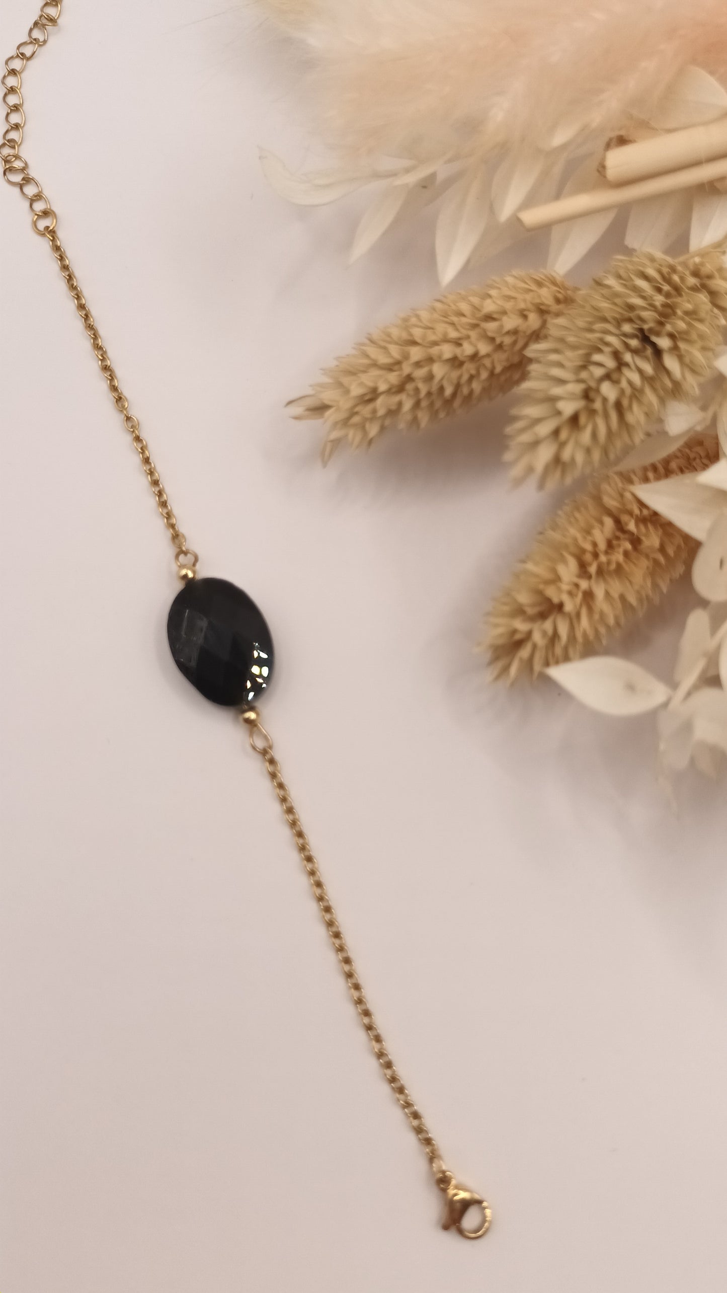 Bracelet chaine fine et pierre ovale - Onyx