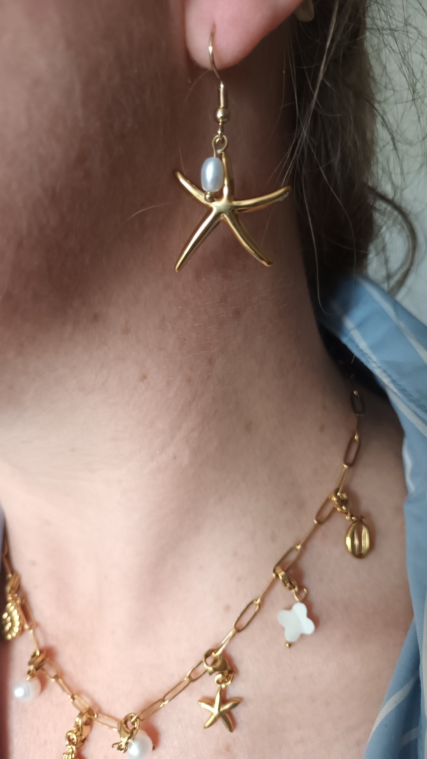 Collection été : Boucles d'oreilles étoilée de mer et perle d'eau douce