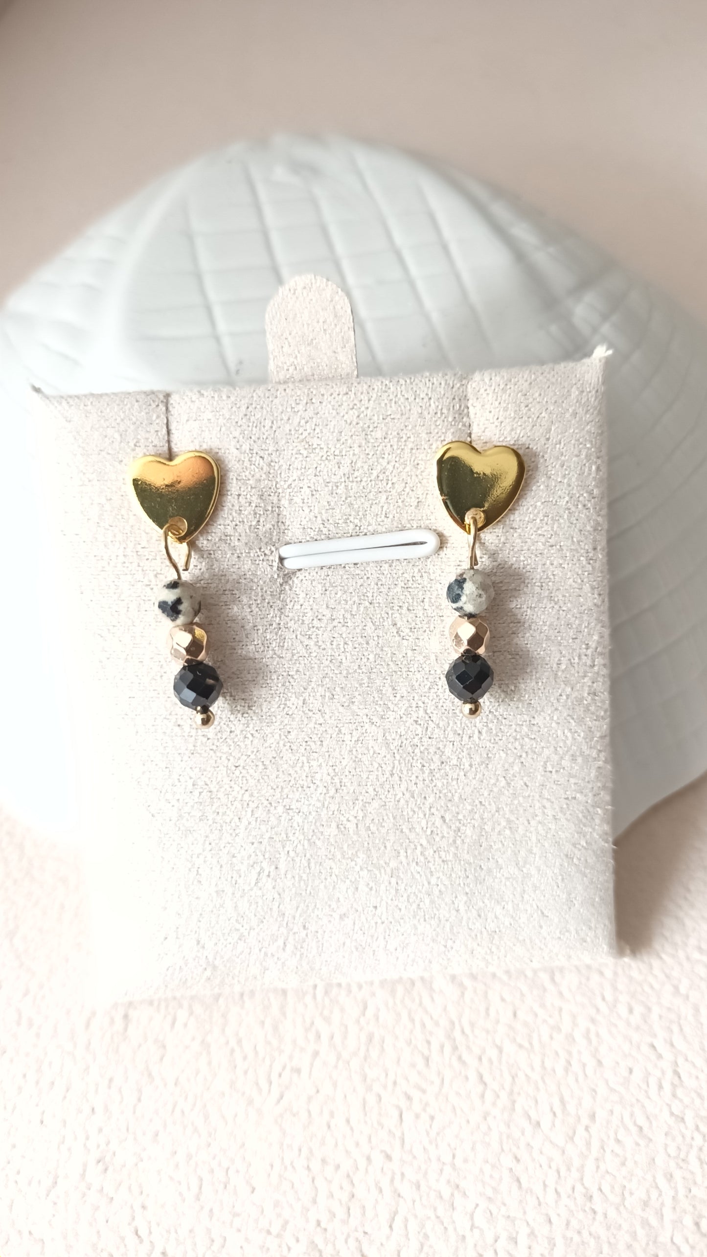 Boucles d'oreilles coeur onyx et jaspe dalmatien