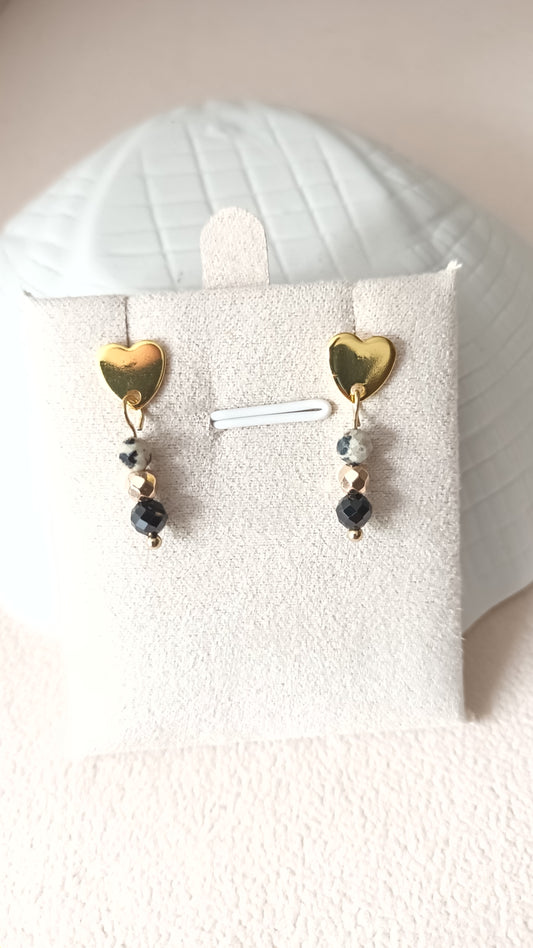 Boucles d'oreilles coeur onyx et jaspe dalmatien