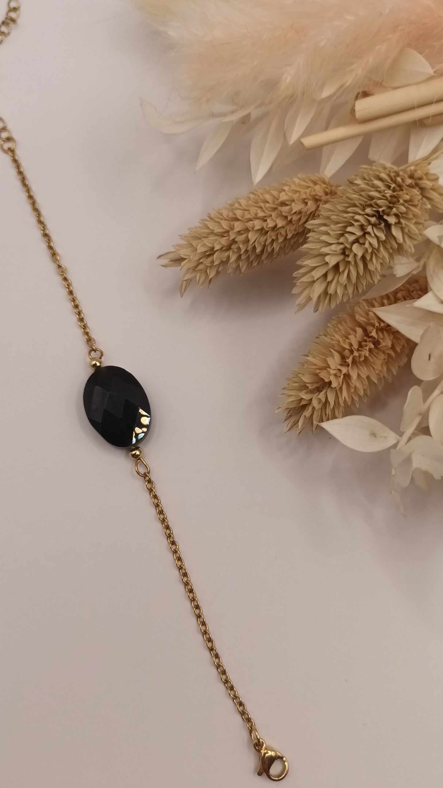 Bracelet chaine fine et pierre ovale - Onyx