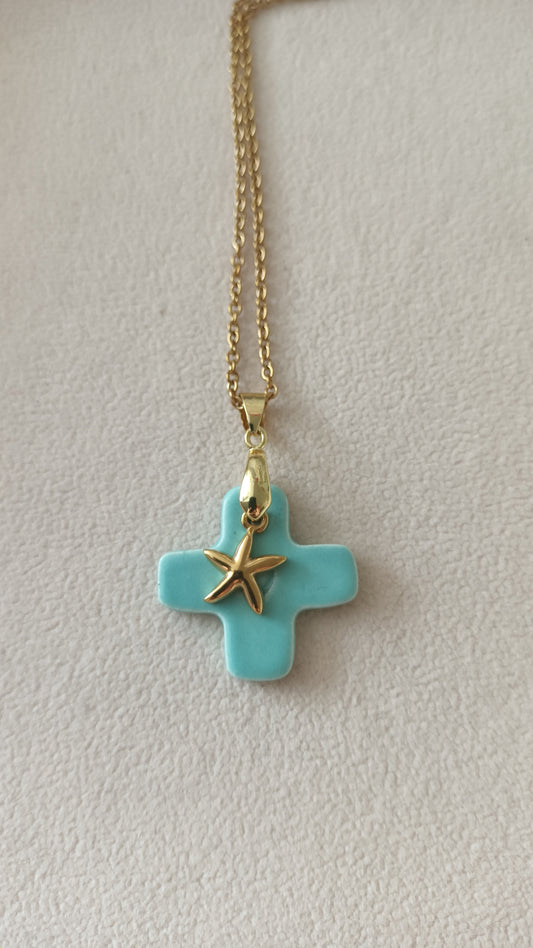 Collier Céramique vert d'eau + charm en collaboration