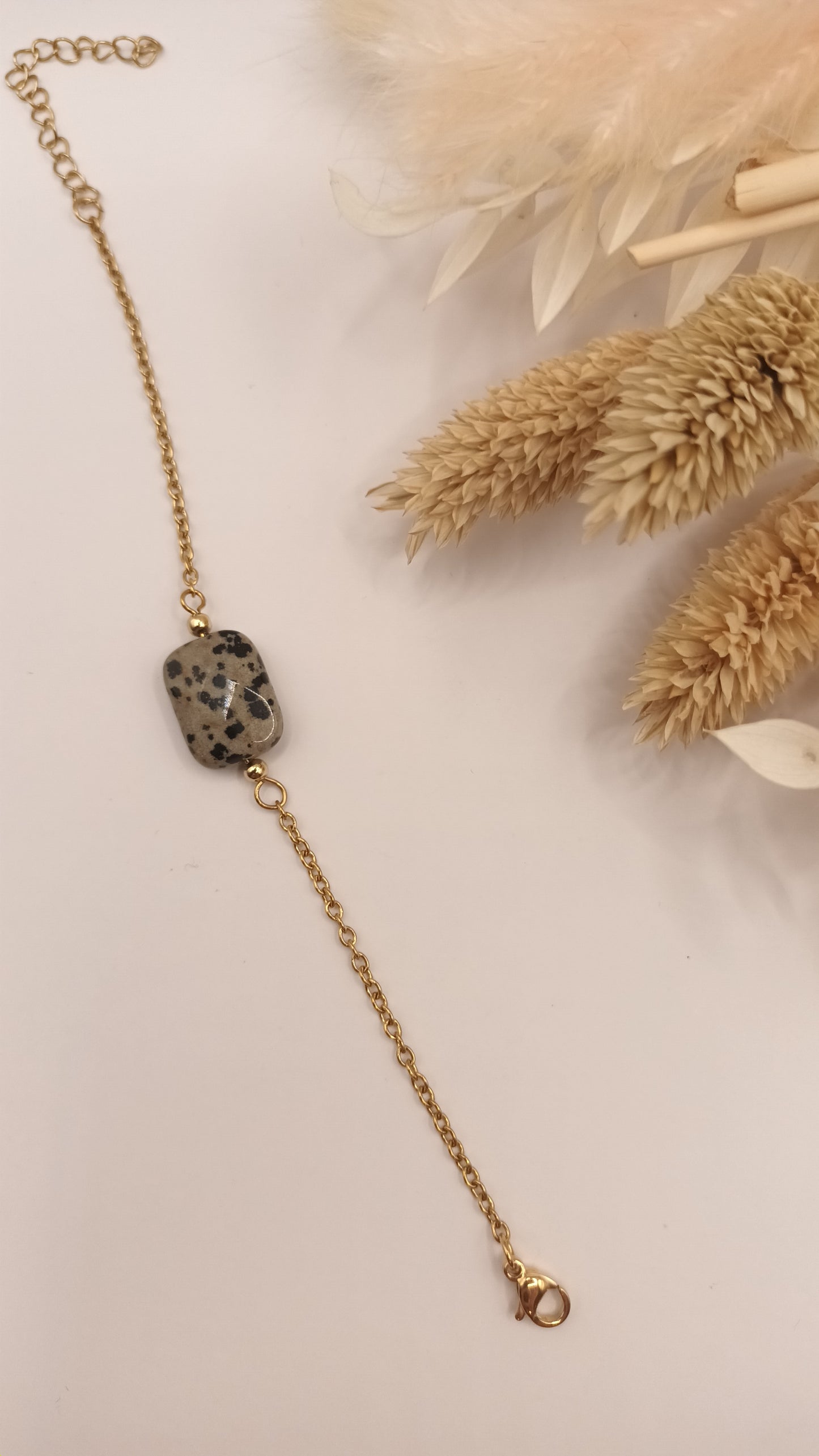 Bracelet chaine fine et pierre carré- Jaspe Dalmatien