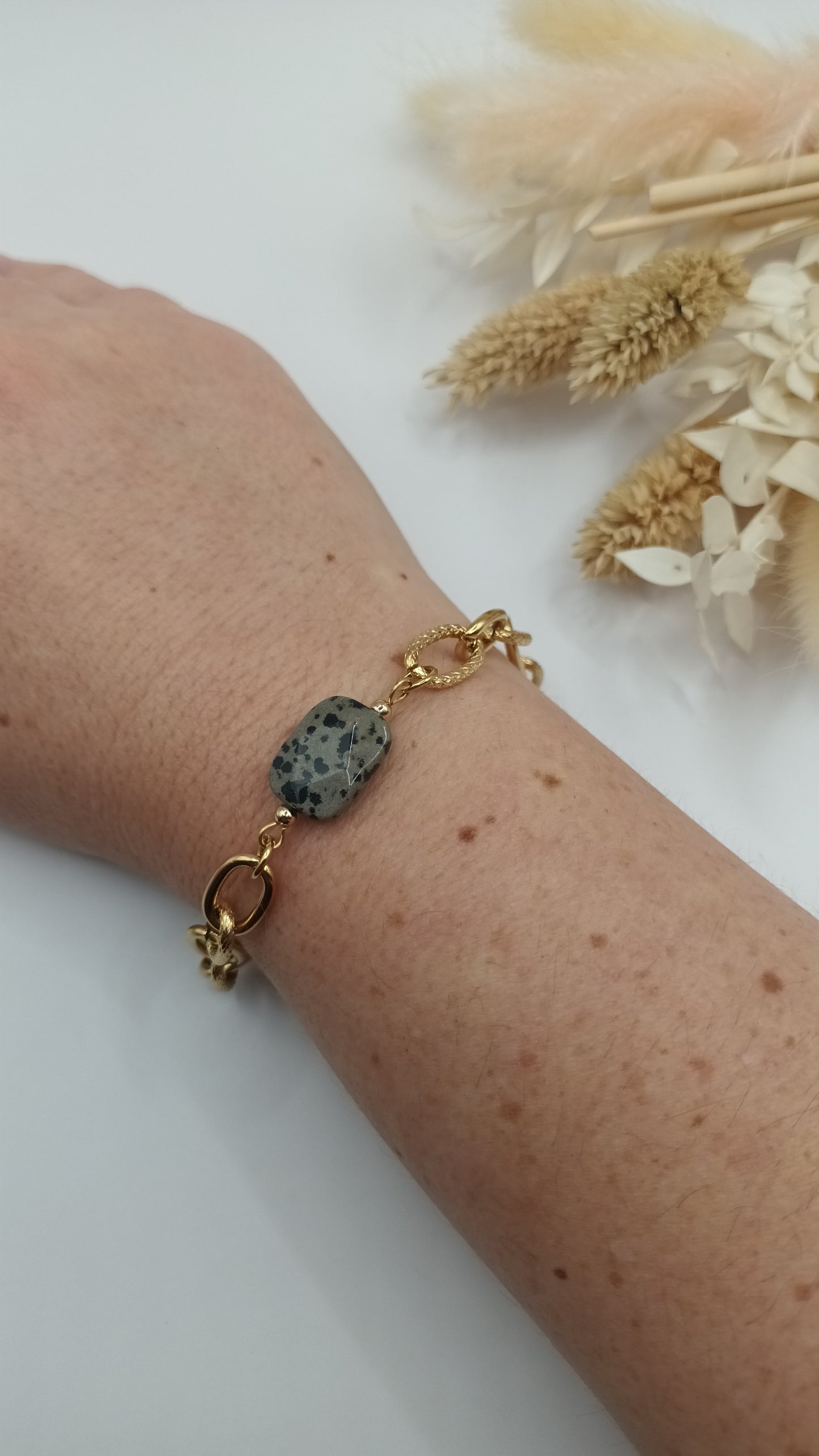 Bracelet maille ovale - Jaspe Dalmatien