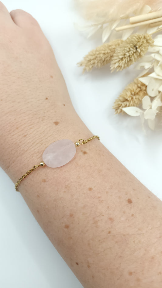 Bracelet chaine fine et pierre ovale - Quartz Rose