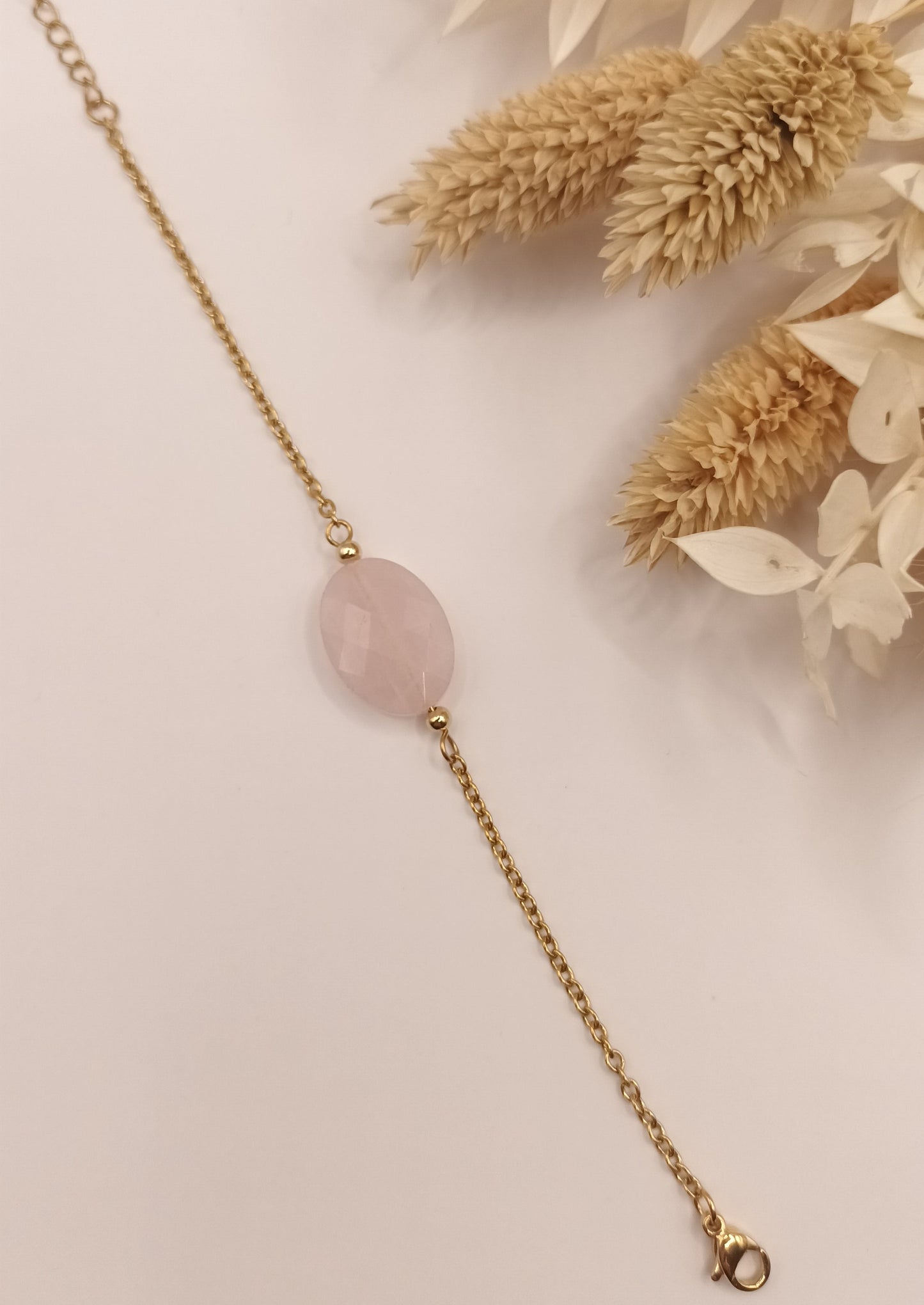 Bracelet chaine fine et pierre ovale - Quartz Rose
