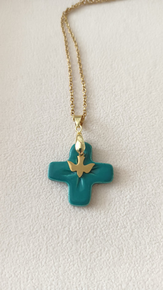 Collier Céramique vert canard + charm en collaboration